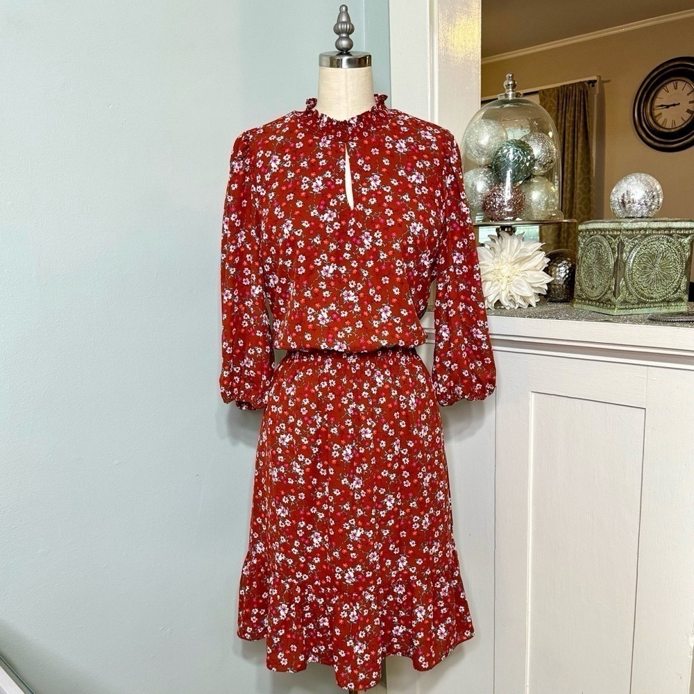 Nanette Lepore Orange Floral Ruffles Fit & Flare Dress Size 10 Medium - Picture 2 of 10